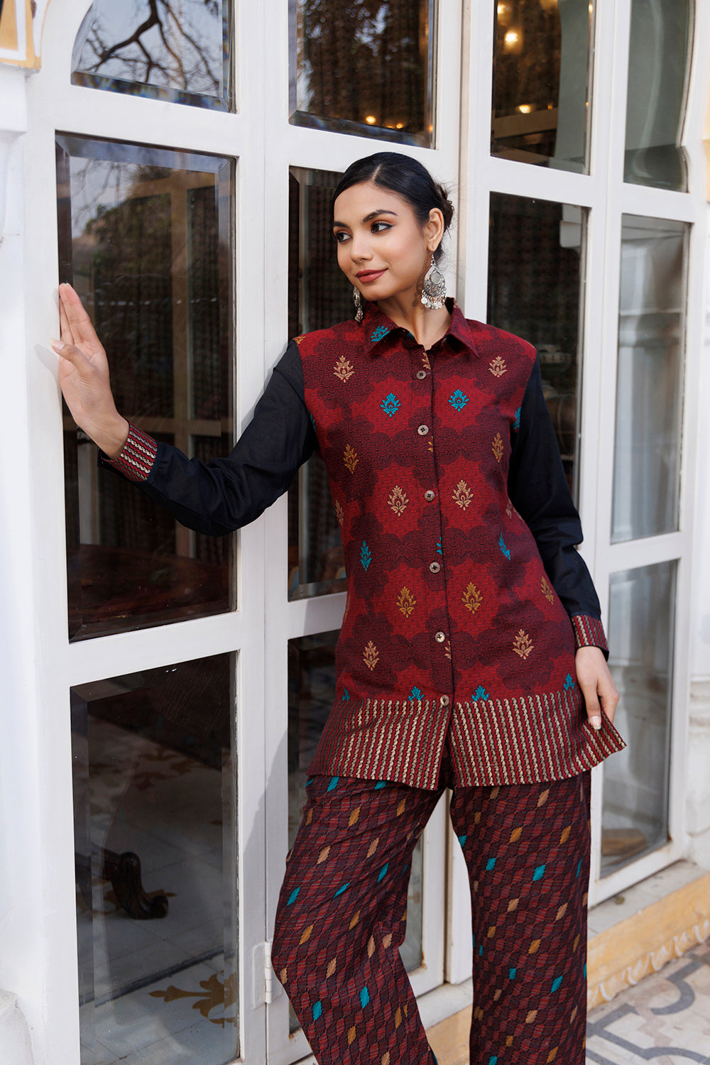 Kidar Womens Ethinc Chocolate Brown Floral Printed Cord-Set Shirt Style Kurta With Pant (Top & Bottom Set)