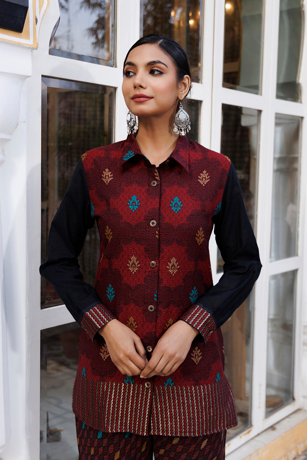 Kidar Womens Ethinc Chocolate Brown Floral Printed Cord-Set Shirt Style Kurta With Pant (Top & Bottom Set)