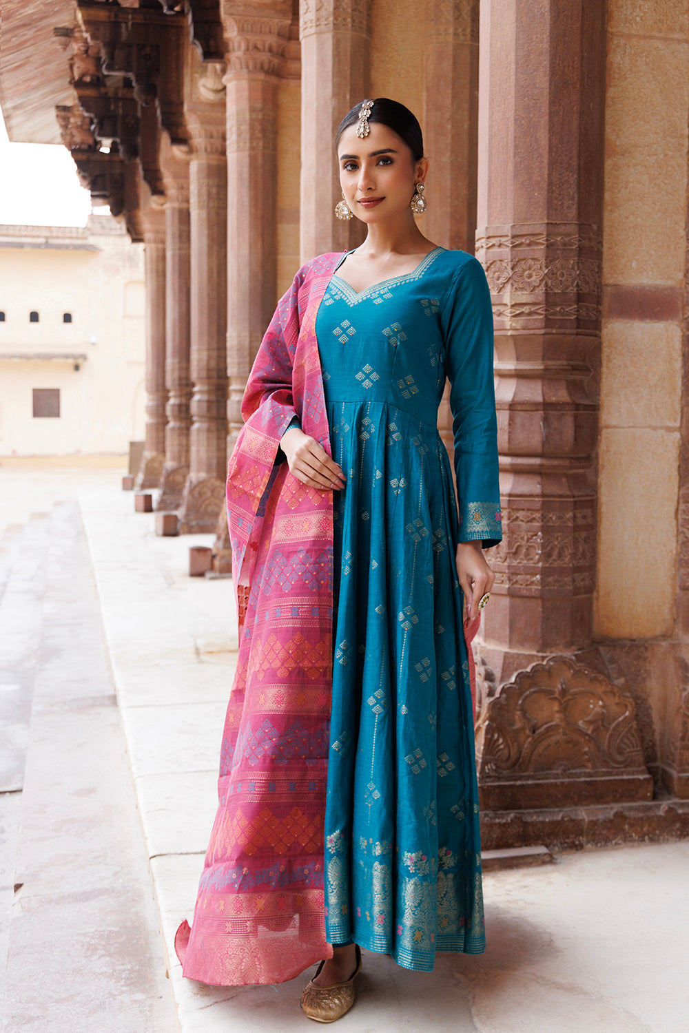 Kidar Aegean Blue Printed Anarkali Suit Set