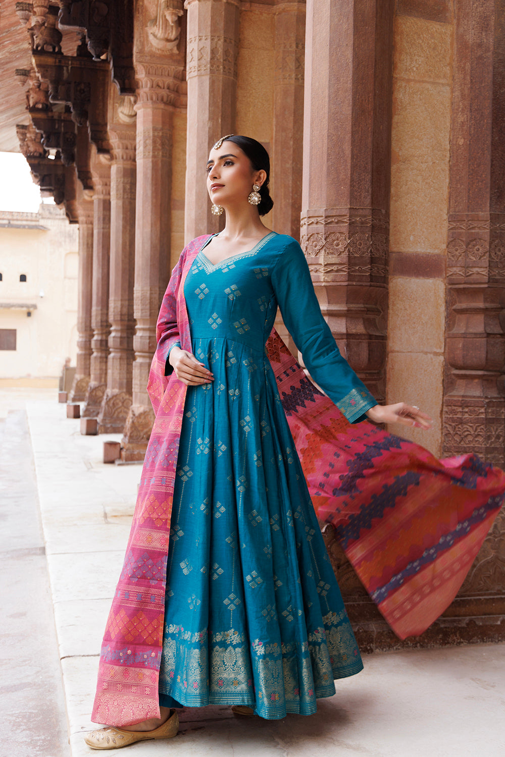 Kidar Aegean Blue Printed Anarkali Suit Set