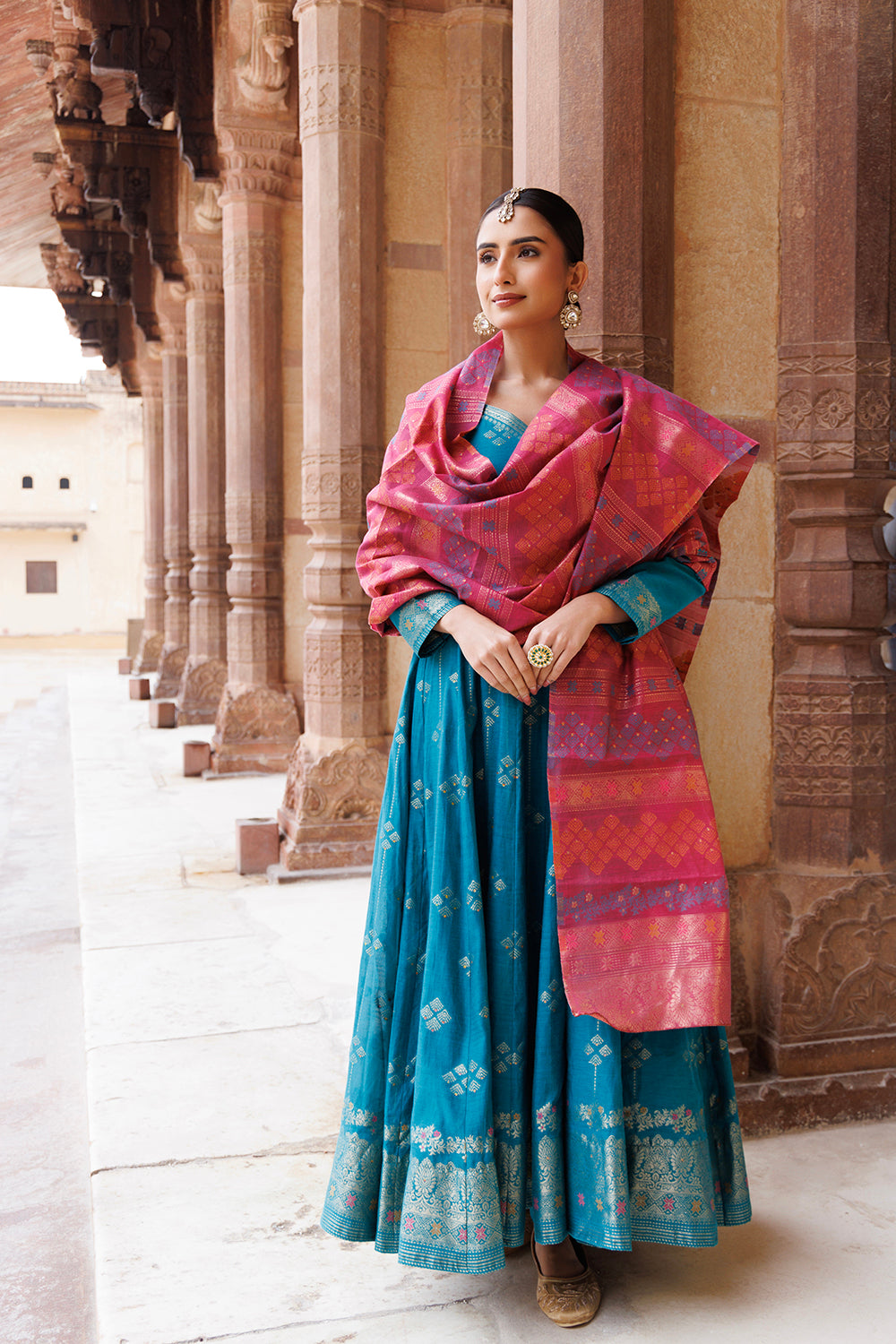 Kidar Aegean Blue Printed Anarkali Suit Set