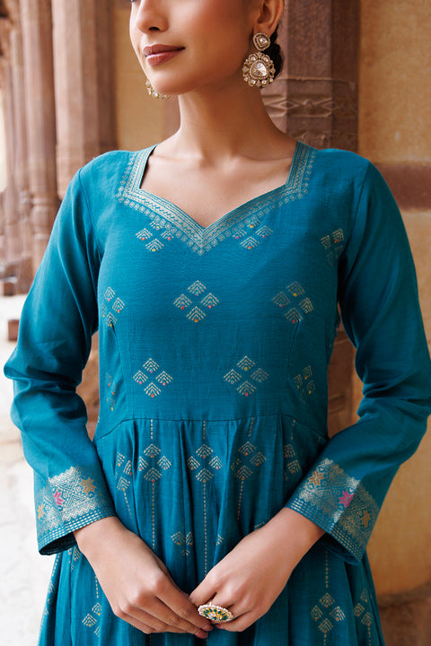 Kidar Aegean Blue Printed Anarkali Suit Set