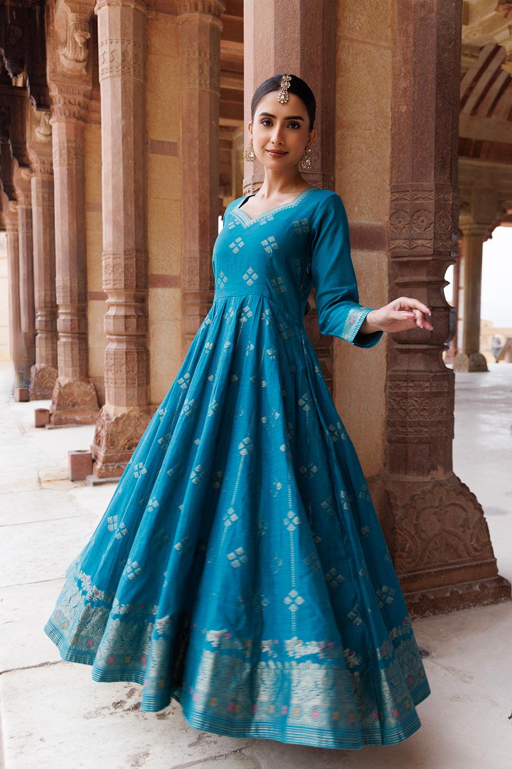 Kidar Aegean Blue Printed Anarkali Suit Set