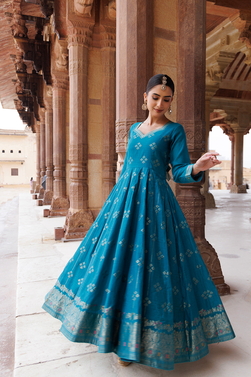 Kidar Aegean Blue Printed Anarkali Suit Set