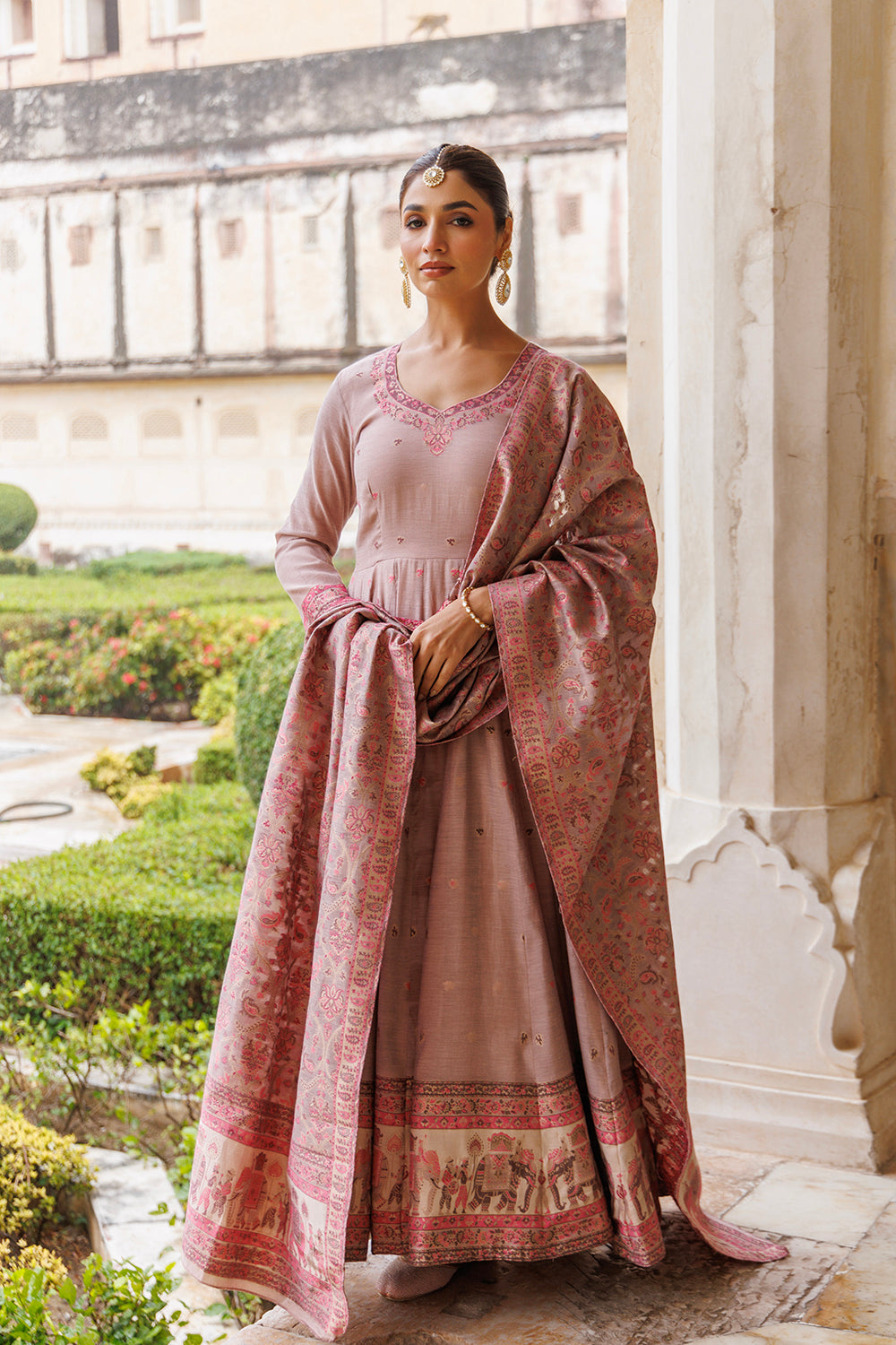 Kidar Peach Silk Sequin Embellished Anarkali Set