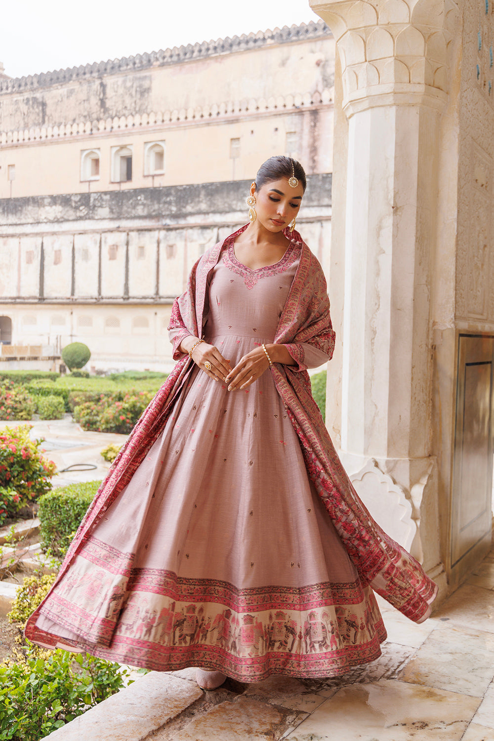 Kidar Peach Silk Sequin Embellished Anarkali Set