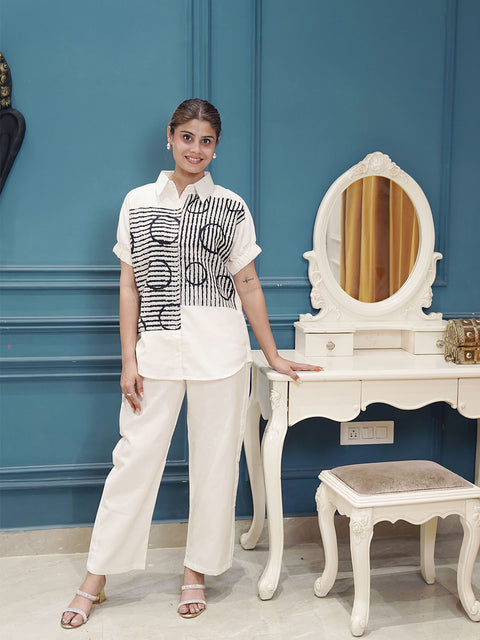 Women’s Designer Co-Ord Set – Black & White Printed Shirt with Matching Pants