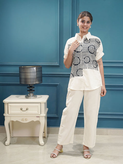 Women’s Designer Co-Ord Set – Black & White Printed Shirt with Matching Pants