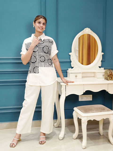 Women’s Designer Co-Ord Set – Black & White Printed Shirt with Matching Pants