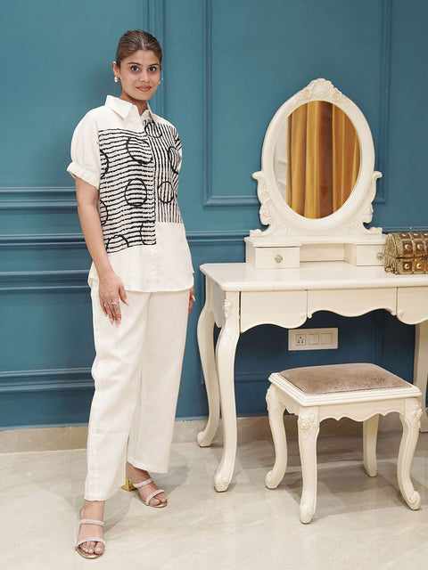 Women’s Designer Co-Ord Set – Black & White Printed Shirt with Matching Pants