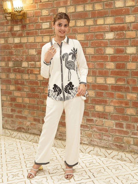 Trendy White & Black Embroidered Co-ord Outfit for Women