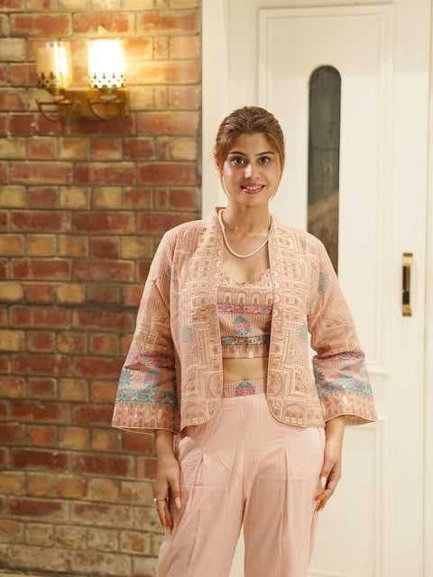 Kidar Peach Cotton Silk Pleated Co-Ord Set with Palazzo Pants.