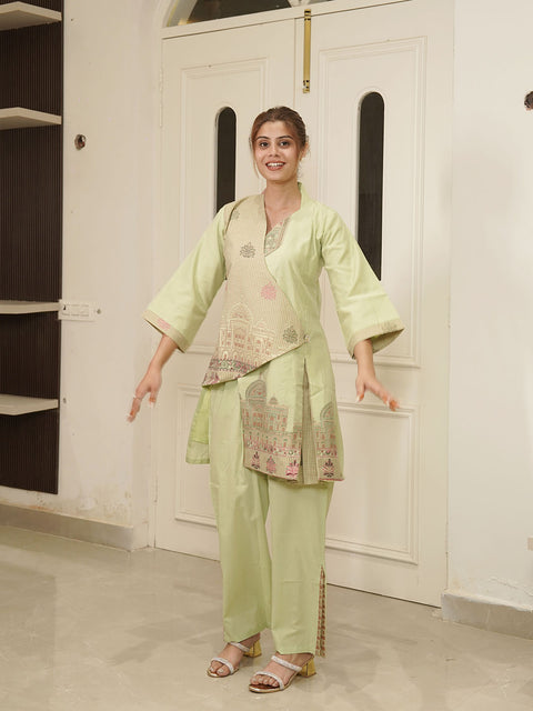 Kidar Pista Cotton Silk Pleated Co-Ord Set with Palazzo Pants.