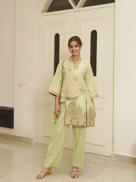 Kidar Pista Cotton Silk Pleated Co-Ord Set with Palazzo Pants.