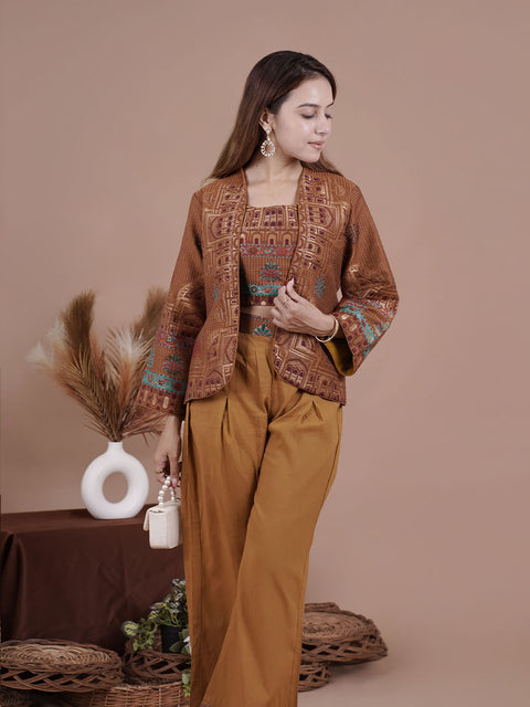 Brown Ethnic Printed Three-Piece Co-ord Set for Women