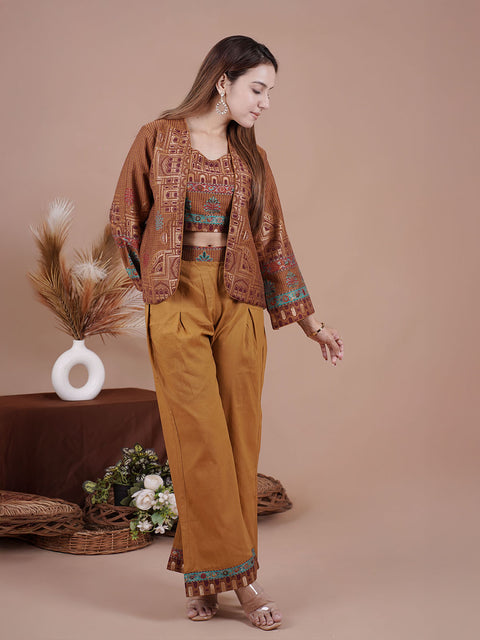 Brown Ethnic Printed Three-Piece Co-ord Set for Women