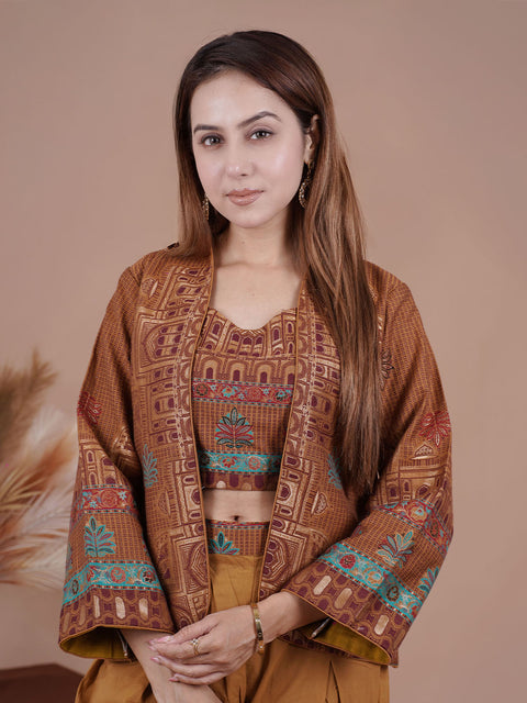 Brown Ethnic Printed Three-Piece Co-ord Set for Women