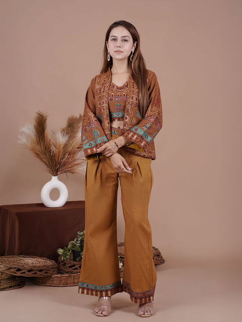 Brown Ethnic Printed Three-Piece Co-ord Set for Women