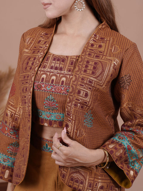 Brown Ethnic Printed Three-Piece Co-ord Set for Women
