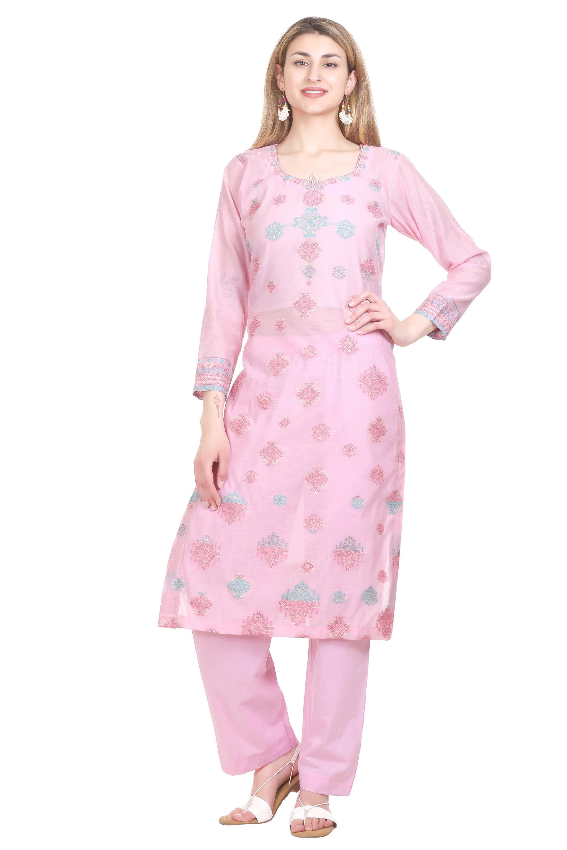 Kidar's Unstitched Cotton Silk Suit in Pink