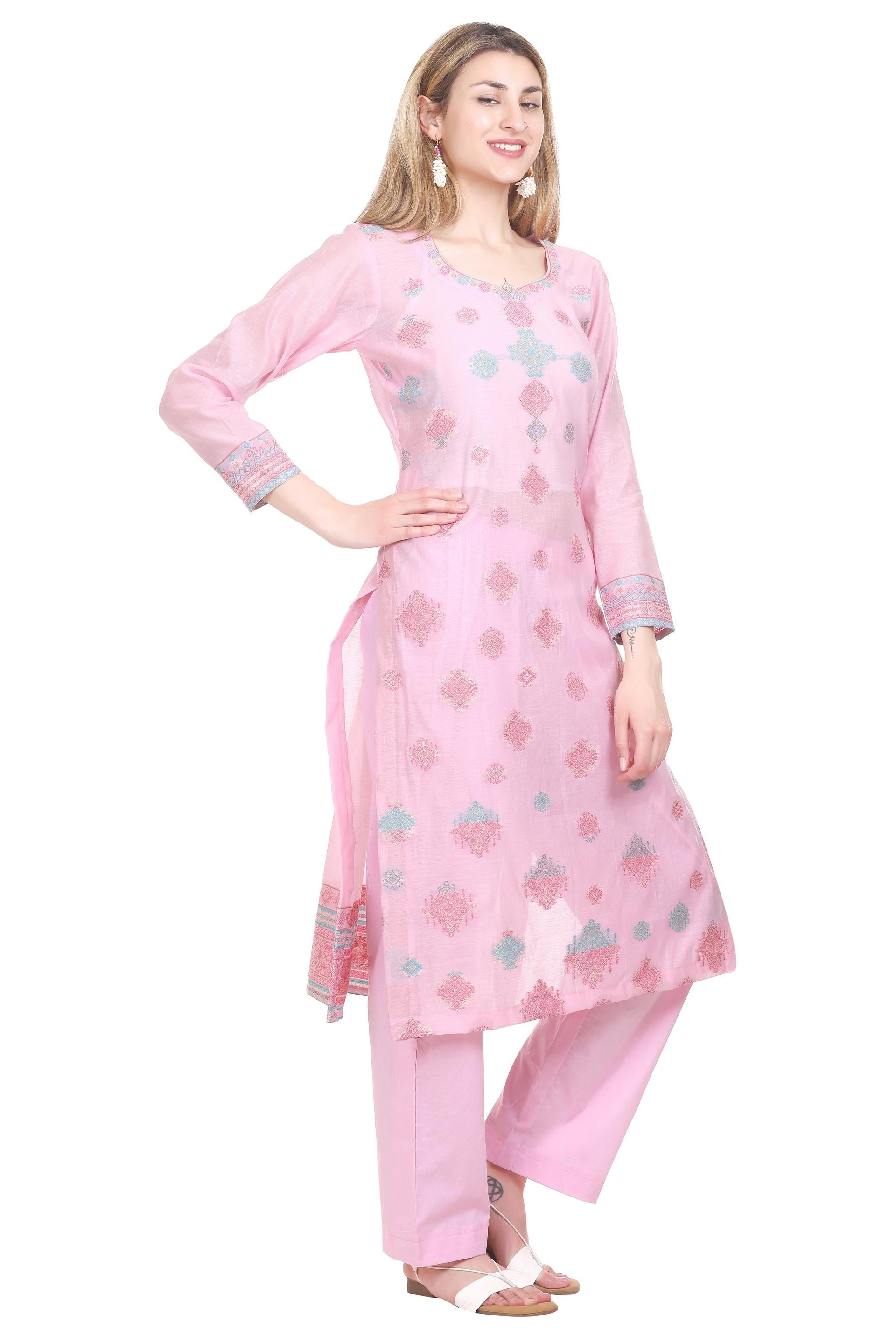 Kidar's Unstitched Cotton Silk Suit in Pink