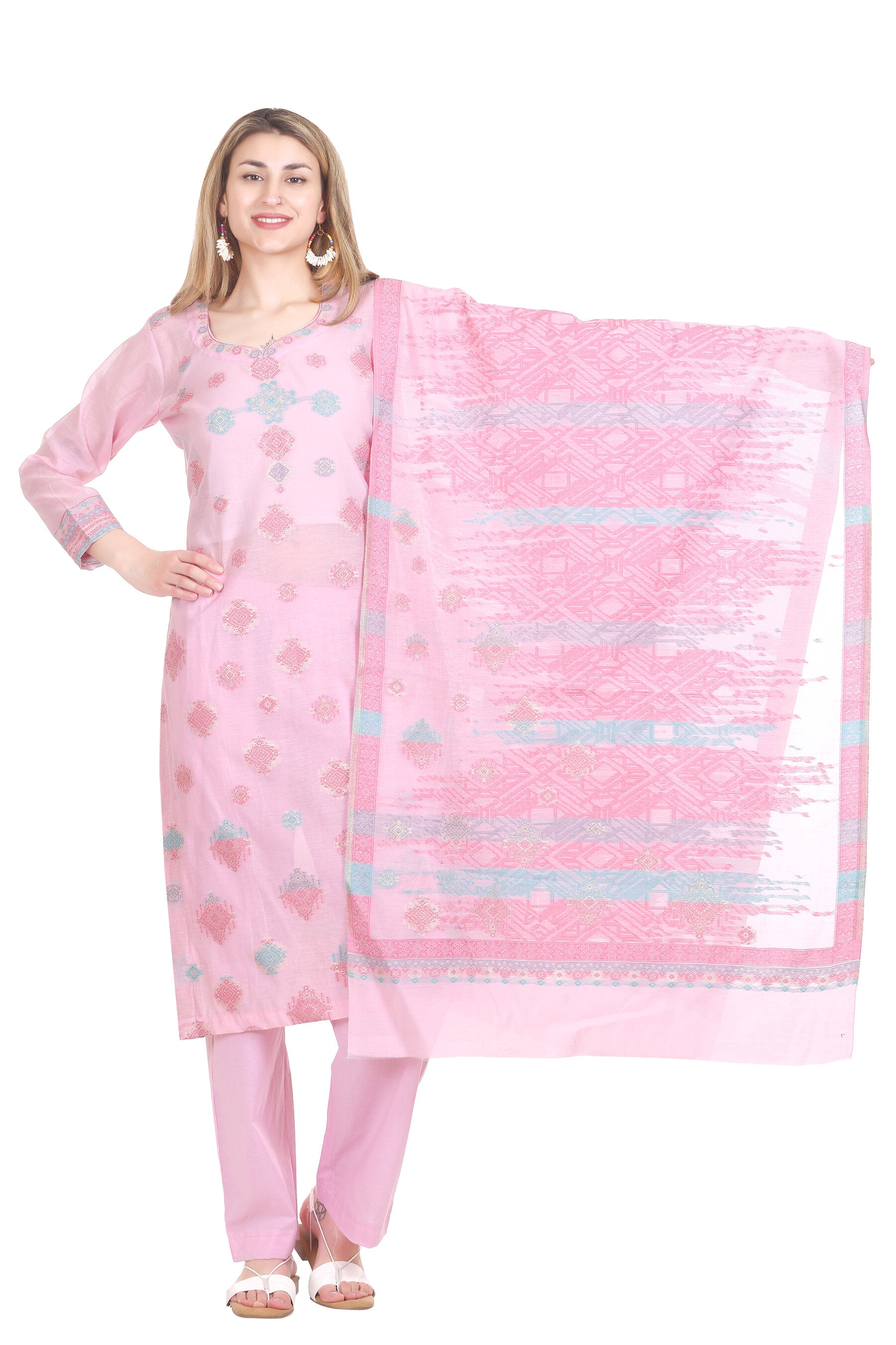 Kidar's Unstitched Cotton Silk Suit in Pink