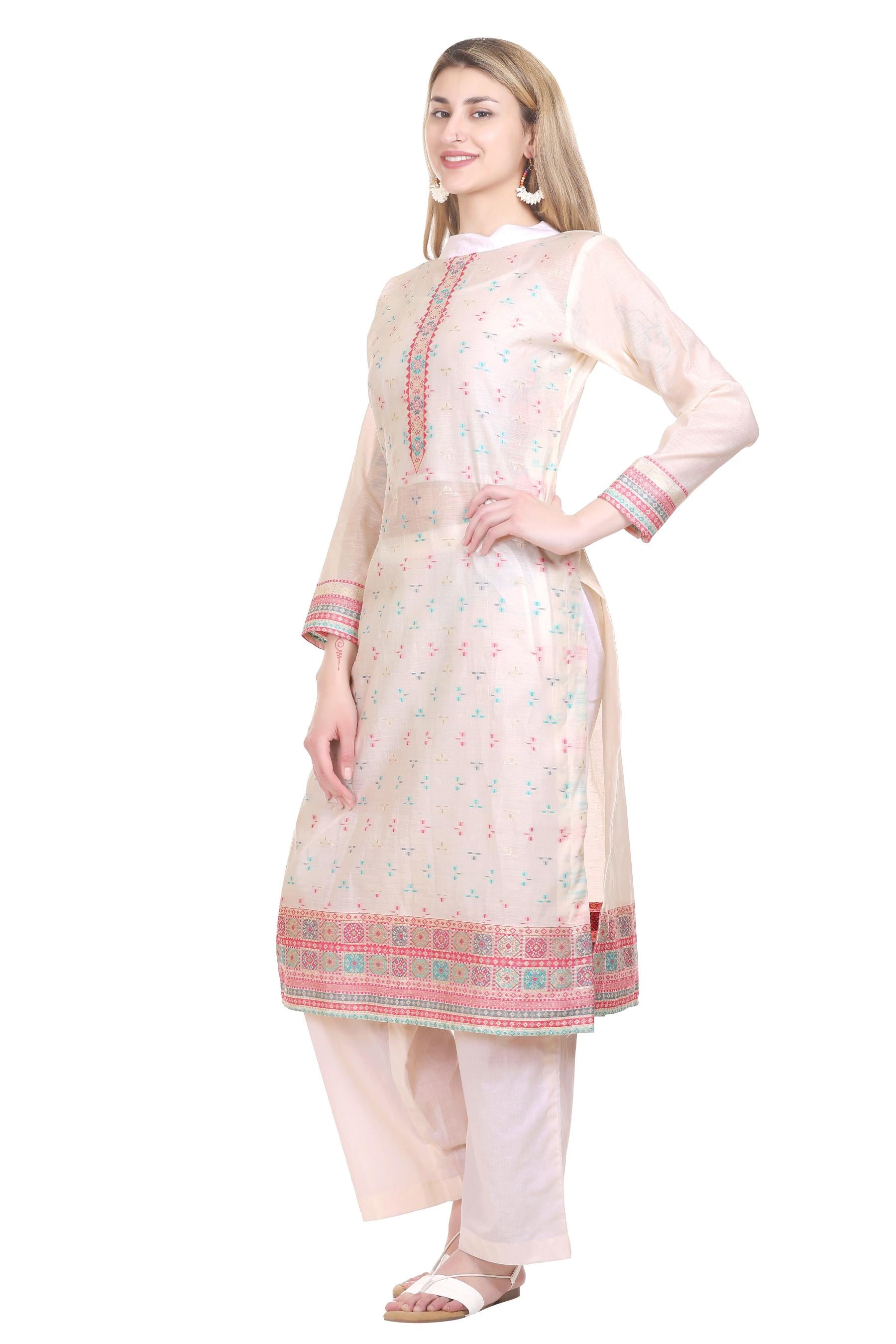 Kidar's Unstitched Cotton Silk Suit In White