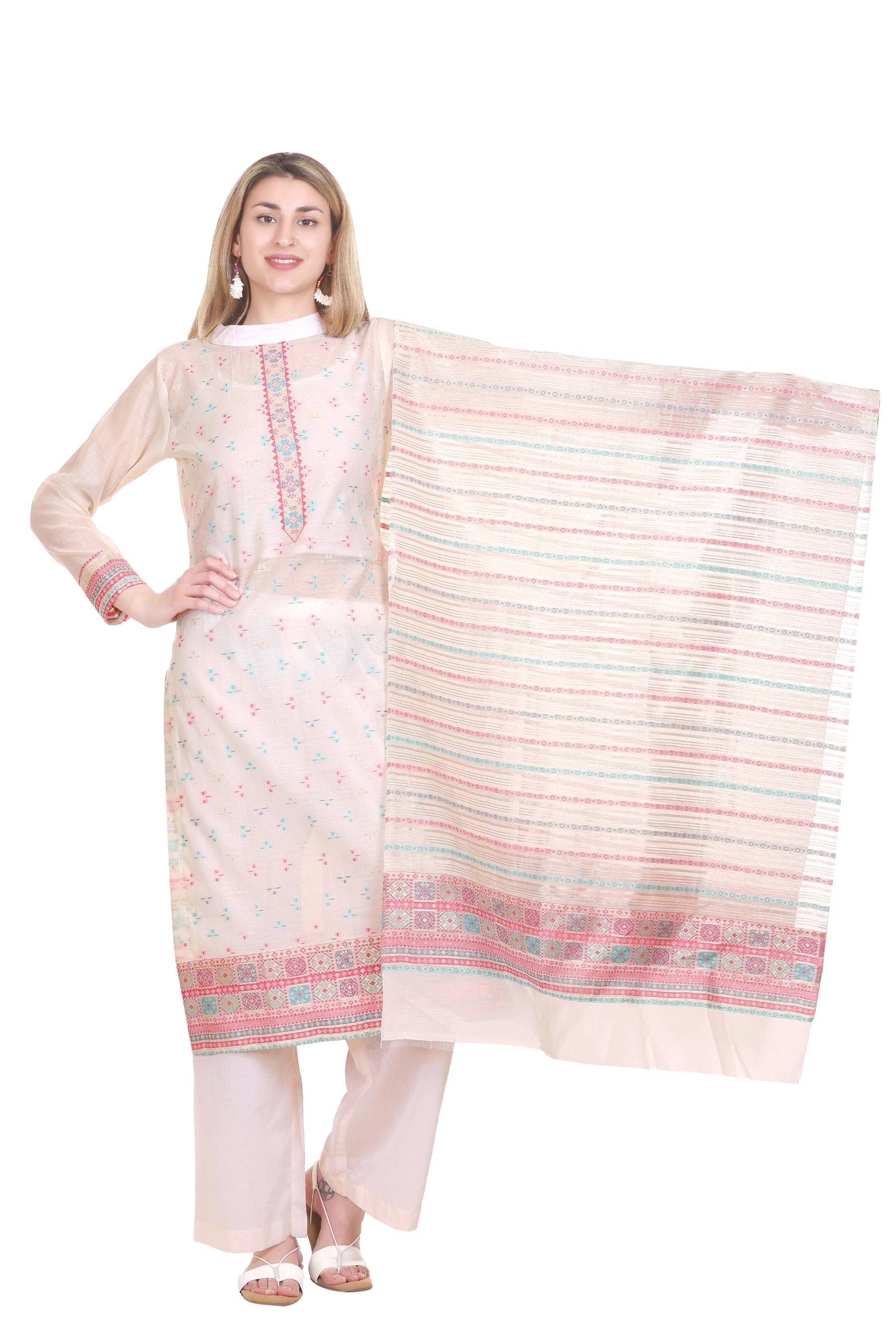 Kidar's Unstitched Cotton Silk Suit In White