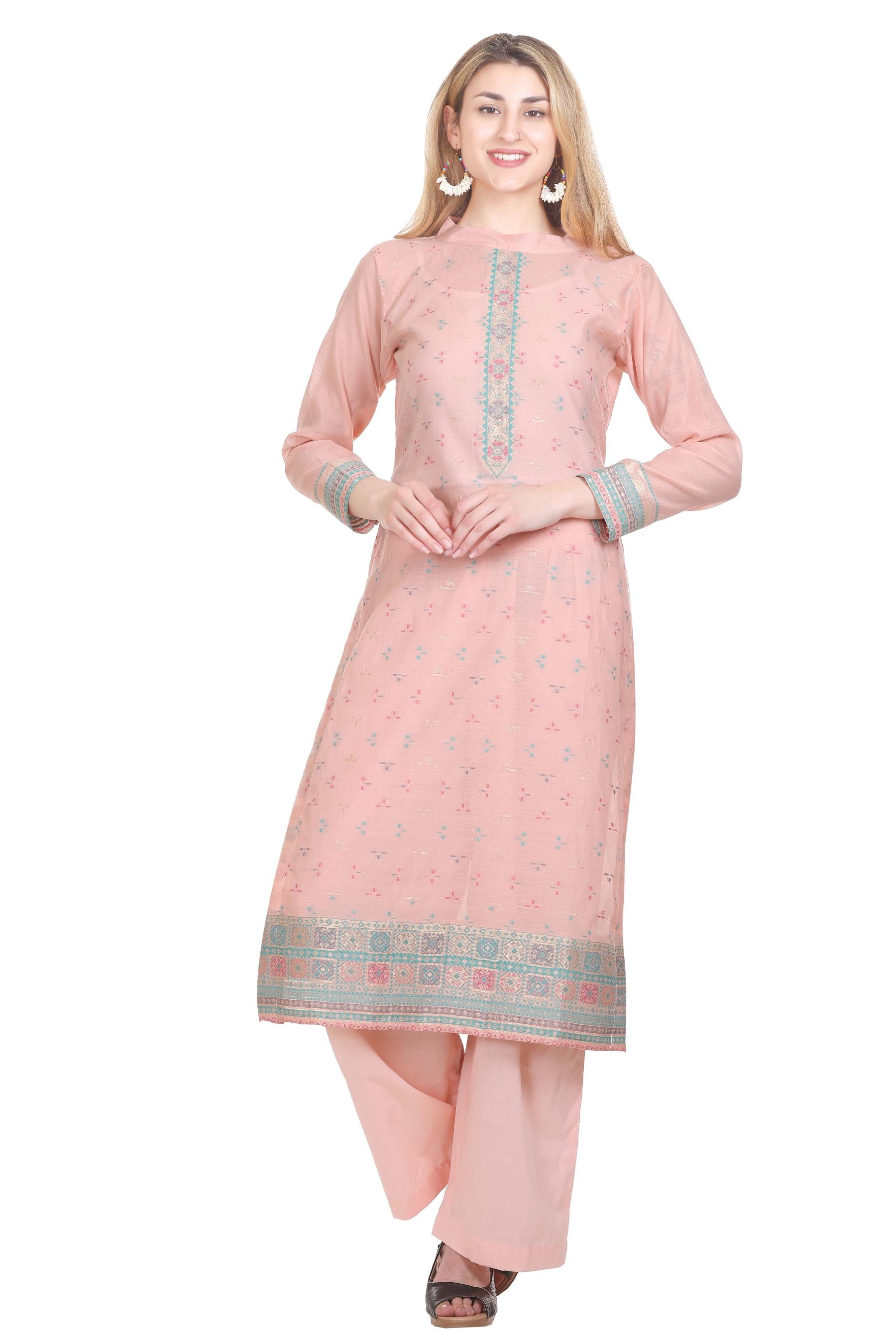 Kidar's Unstitched Cotton Silk Suit In Peach