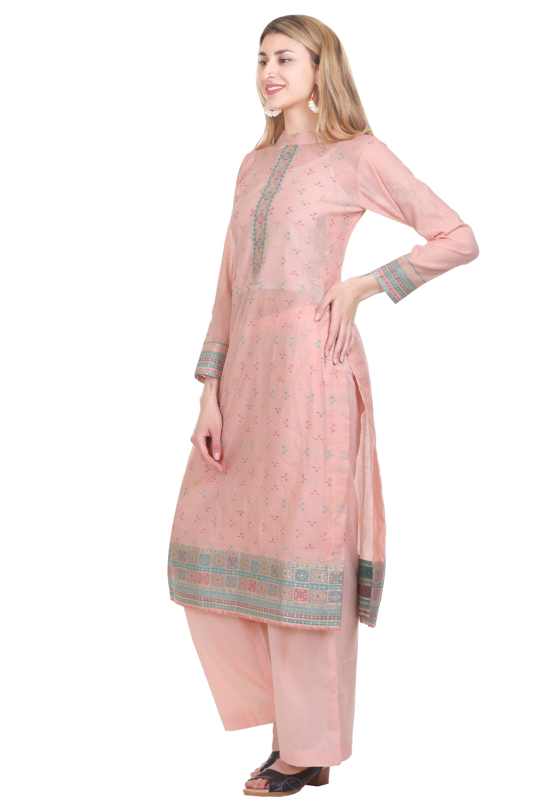 Kidar's Unstitched Cotton Silk Suit In Peach