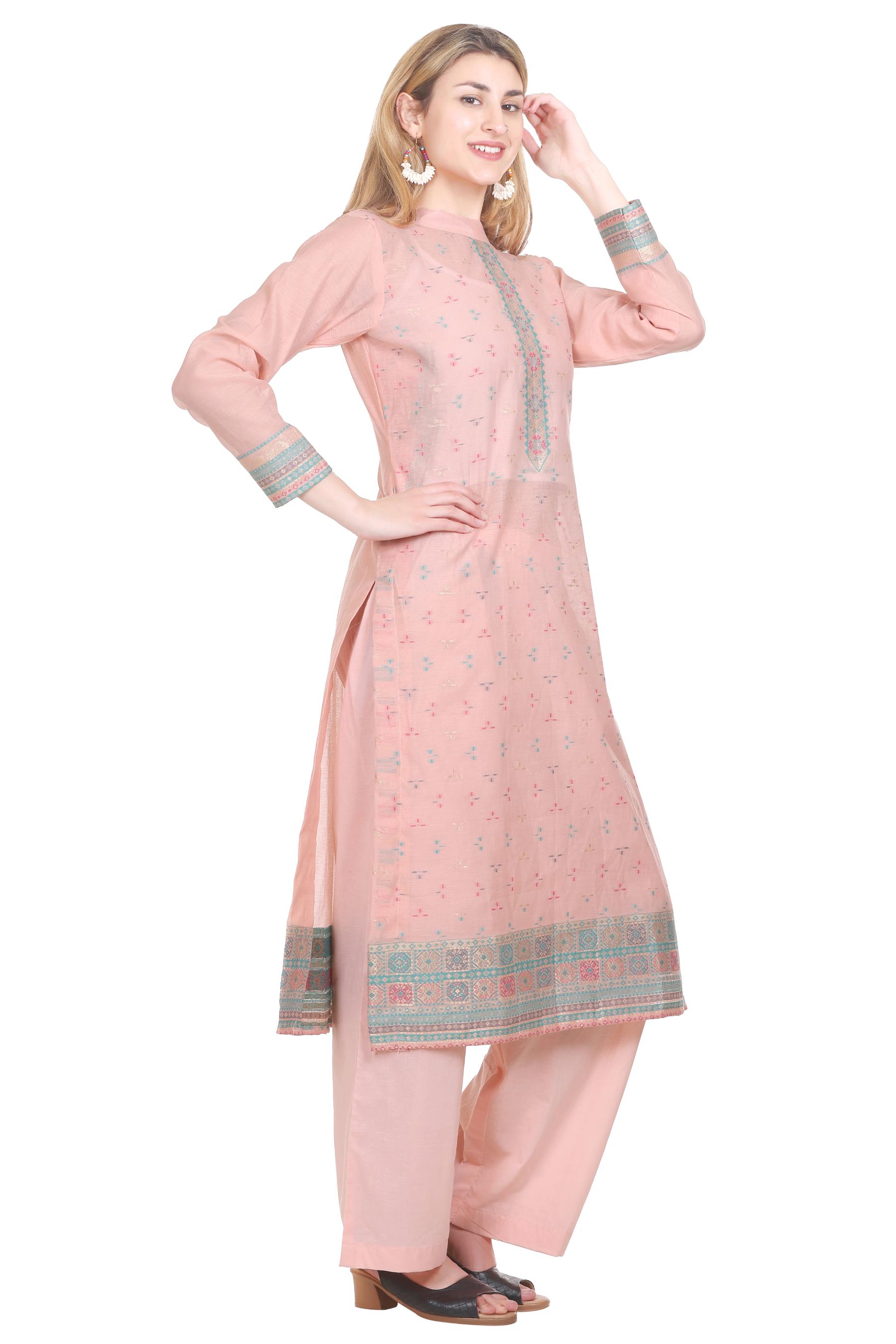 Kidar's Unstitched Cotton Silk Suit In Peach