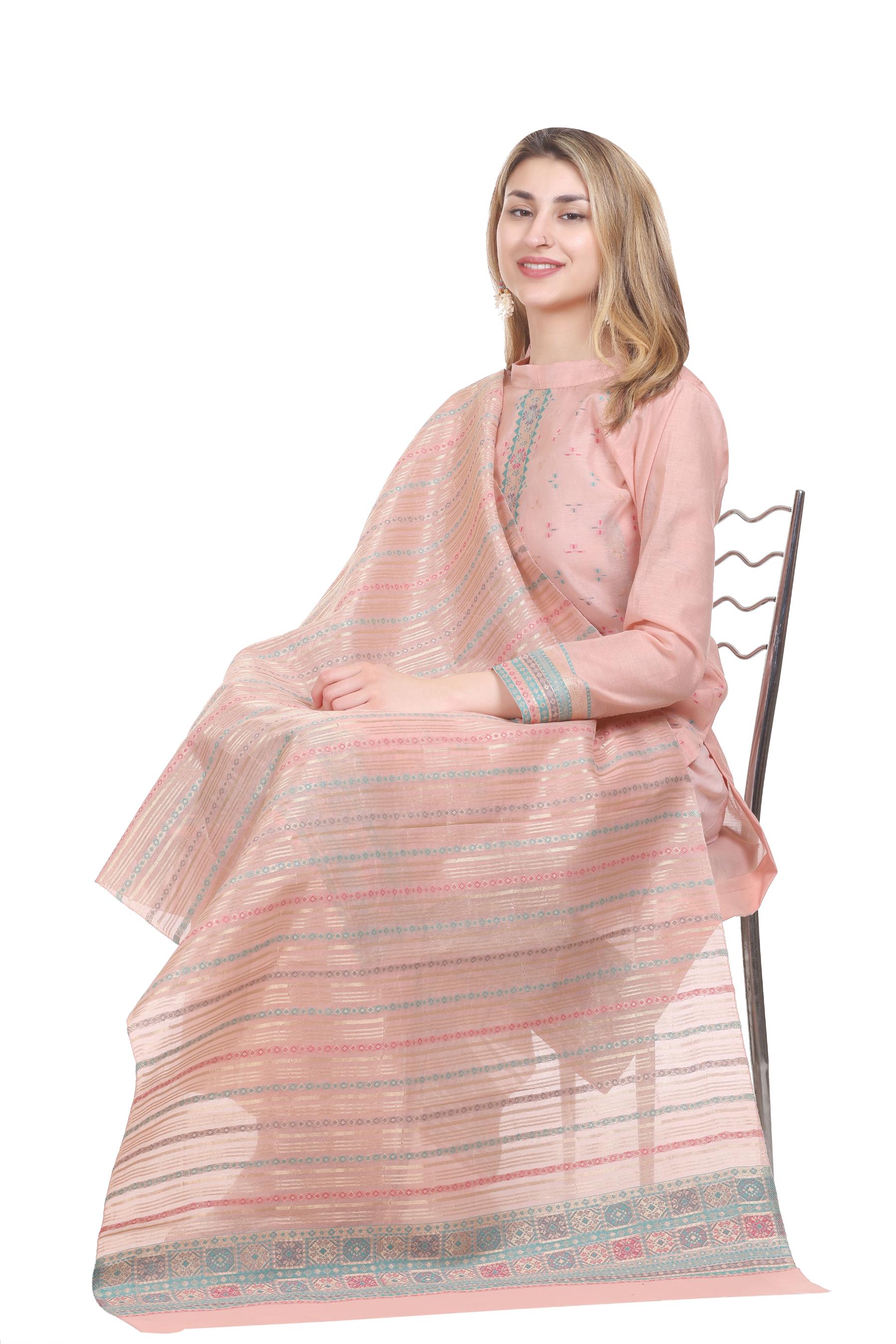 Kidar's Unstitched Cotton Silk Suit In Peach