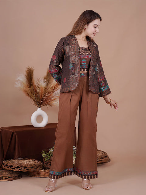 Elegant Brown Printed Co-Ord Set with Ethnic Jacket & Wide-Leg Pants