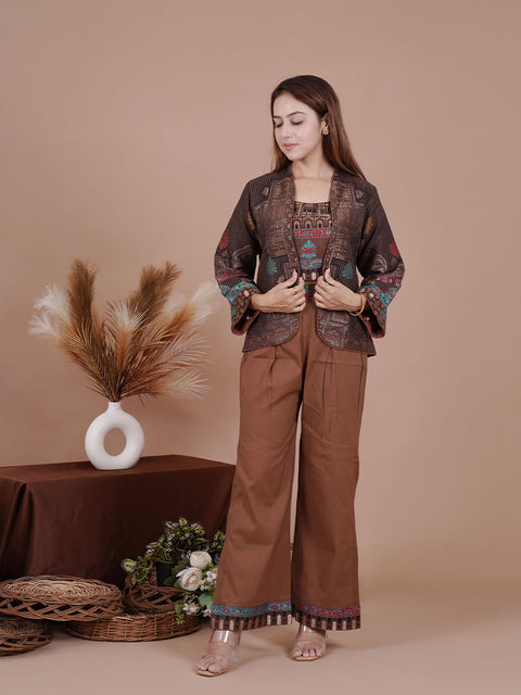 Elegant Brown Printed Co-Ord Set with Ethnic Jacket & Wide-Leg Pants