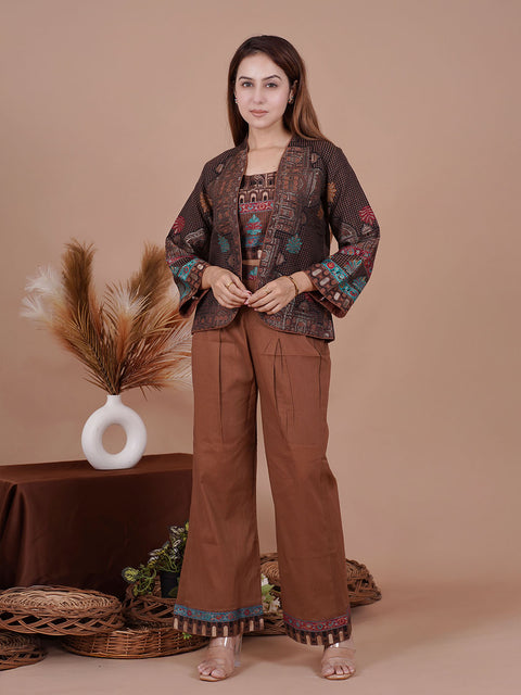 Elegant Brown Printed Co-Ord Set with Ethnic Jacket & Wide-Leg Pants
