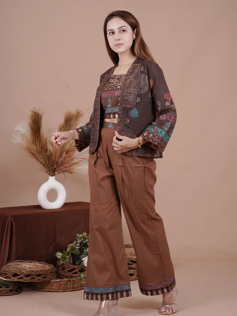 Elegant Brown Printed Co-Ord Set with Ethnic Jacket & Wide-Leg Pants