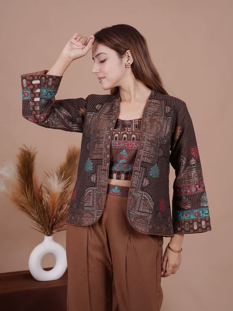 Elegant Brown Printed Co-Ord Set with Ethnic Jacket & Wide-Leg Pants