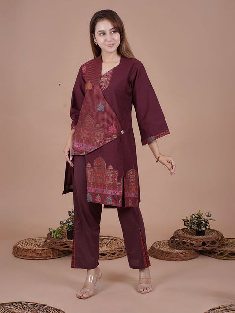 Kidar Wine Cotton Silk Pleated Co-Ord Set with Palazzo Pants.