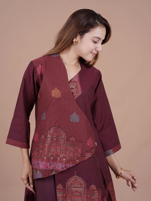Kidar Wine Cotton Silk Pleated Co-Ord Set with Palazzo Pants.