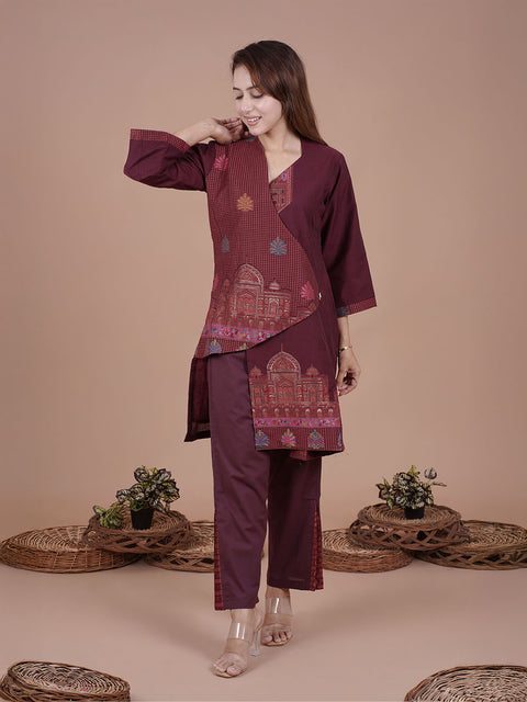 Kidar Wine Cotton Silk Pleated Co-Ord Set with Palazzo Pants.