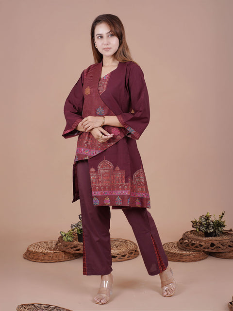 Kidar Wine Cotton Silk Pleated Co-Ord Set with Palazzo Pants.