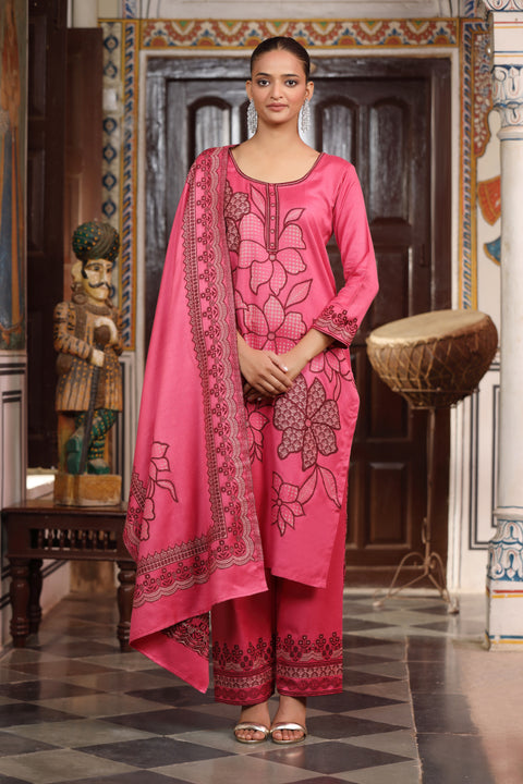Winter Collection Woolen Kurta Set – Pink with Beautiful Thread Work