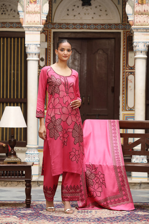 Winter Collection Woolen Kurta Set – Pink with Beautiful Thread Work