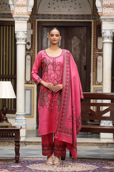 Winter Collection Woolen Kurta Set – Pink with Beautiful Thread Work