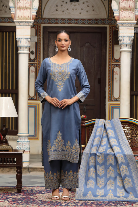 Elegant Blue Woolen Kurta Set with Intricate Embroidery