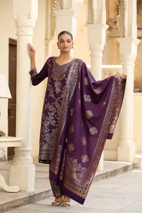 Royal Purple Woollen Jacquard Kurta Set with Dupatta