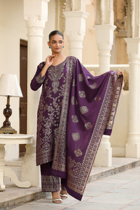 Royal Purple Woollen Jacquard Kurta Set with Dupatta