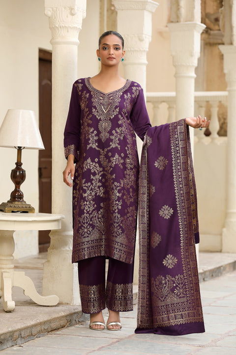Royal Purple Woollen Jacquard Kurta Set with Dupatta