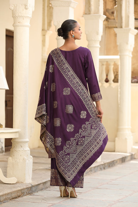 Royal Purple Woollen Jacquard Kurta Set with Dupatta