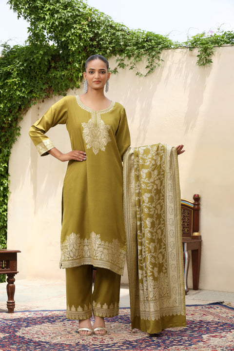Olive Green Woolen Embroidered Kurta Set with Matching Shawl